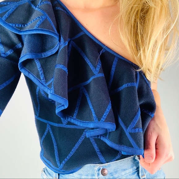 Pepa Pombo One Shoulder Black Blue Ruffle Top - Picture 4 of 8